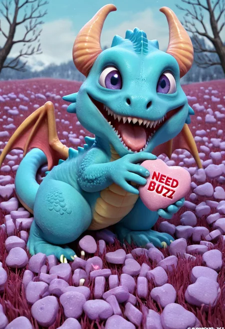 <lora:Expressionism_CartoonsSDXL:1> cute little dragon , in winter meadow, detailed background, close-up shot, text "need buzz",<lora:Candyhearts:0.7>, <lora:add-detail-xl:1>. High detailed style life advertising photo.