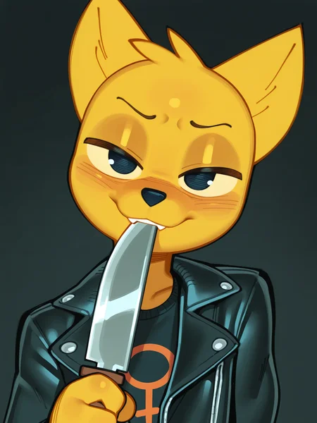 (masterpiece, best quality, very aesthetic, absurdres artist:wamudraws, black background, simple background) ,male, gregg lee, night in the woods, anthro, canine, fox, furry, black eyes, leather jacket, undershirt, looking at viewer, yellow body, holding knife, knife to mouth, dutch angle, (upper body, headshot portrait:1.3), head tilt, shaded face, evil, teeth, smug, yellow fur, solo, tan sclera, (shaded face:1.4) <lora:Wamudraws_Style_Ill:1>