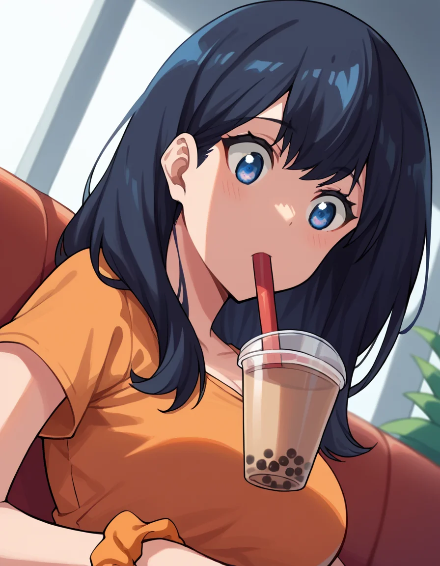 score_9, score_8_up, score_7_up, source_anime, <lora:rikka-takarada-s1-ponyxl-lora-nochekaiser:1>, rikka takarada, black hair, blue eyes, long hair, orange scrunchie, scrunchie, wrist scrunchie, <lora:bubble-tea-challenge-ponyxl-lora-nochekaiser:1>, bubble tea challenge, bubble tea, object on breast, drinking straw, drinking straw in mouth, drinking, cup,, indoors, sitting, looking down, , cowboy shot, dutch angle
