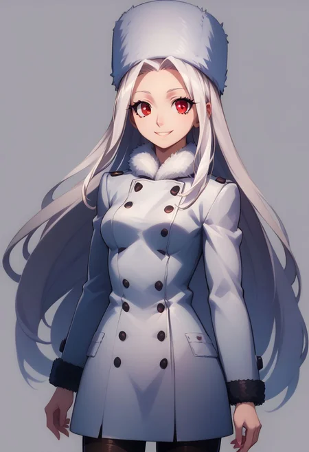 score_9, score_8_up, score_8, medium breasts, (curvy), cute, eyelashes,
BREAK,
zzirisviel, white hair, red eyes,, long hair, pantyhose, thighboots, coat, fur hat,
BREAK,
smile, solo, cowboy shot,
zPDXL,