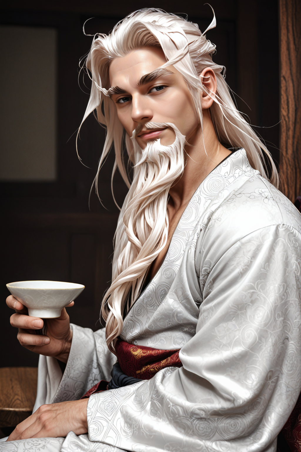 score_9, score_8_up, score_7_up, masterpiece, high quality, extreme detail, absurdres, (detailed skin texture) BREAK realistic, smirk
 <lora:Ji TiandaoPonyLora:1>jitiandao, long hair, thick eyebrows, white hair, facial hair, beard, mustache, old, kimono, long sleeves, wide sleeves, mature male, muscular male, pectoral cleavage, sitting, holding cup of sake