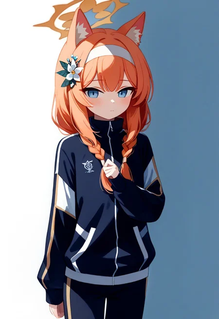 score_9, score_8_up, score_7_up, upper body Mari_(Track)_(Blue_Archive), blue_eyes, orange_hair, braid, long_hair, flat_chest, halo, hair_flower, animal_ear_fluff, gym_long pants,blue_pants,track_jacket, blue_jacket, white_hairband Mari_(Blue_Archive), Mari_(Blue_Archive), easynegative,
ncpy45 style watercolor