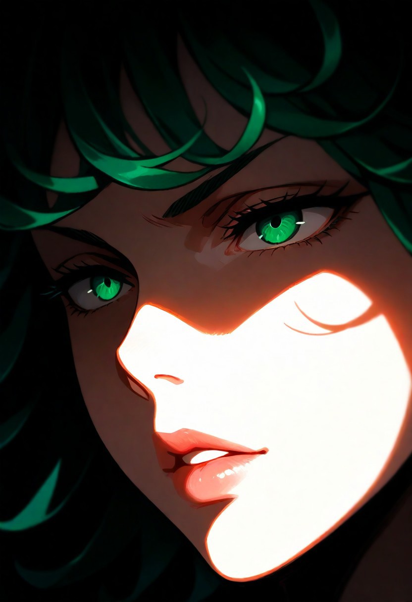 1girl, tatsumaki from one punch man, lips, thin lips, parted lips, solo,  dark, underlightling, masterpiece, best quality, very aesthetic, face focus