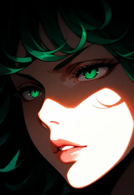 1girl, tatsumaki from one punch man, lips, thin lips, parted lips, solo,  dark, underlightling, masterpiece, best quality, very aesthetic, face focus