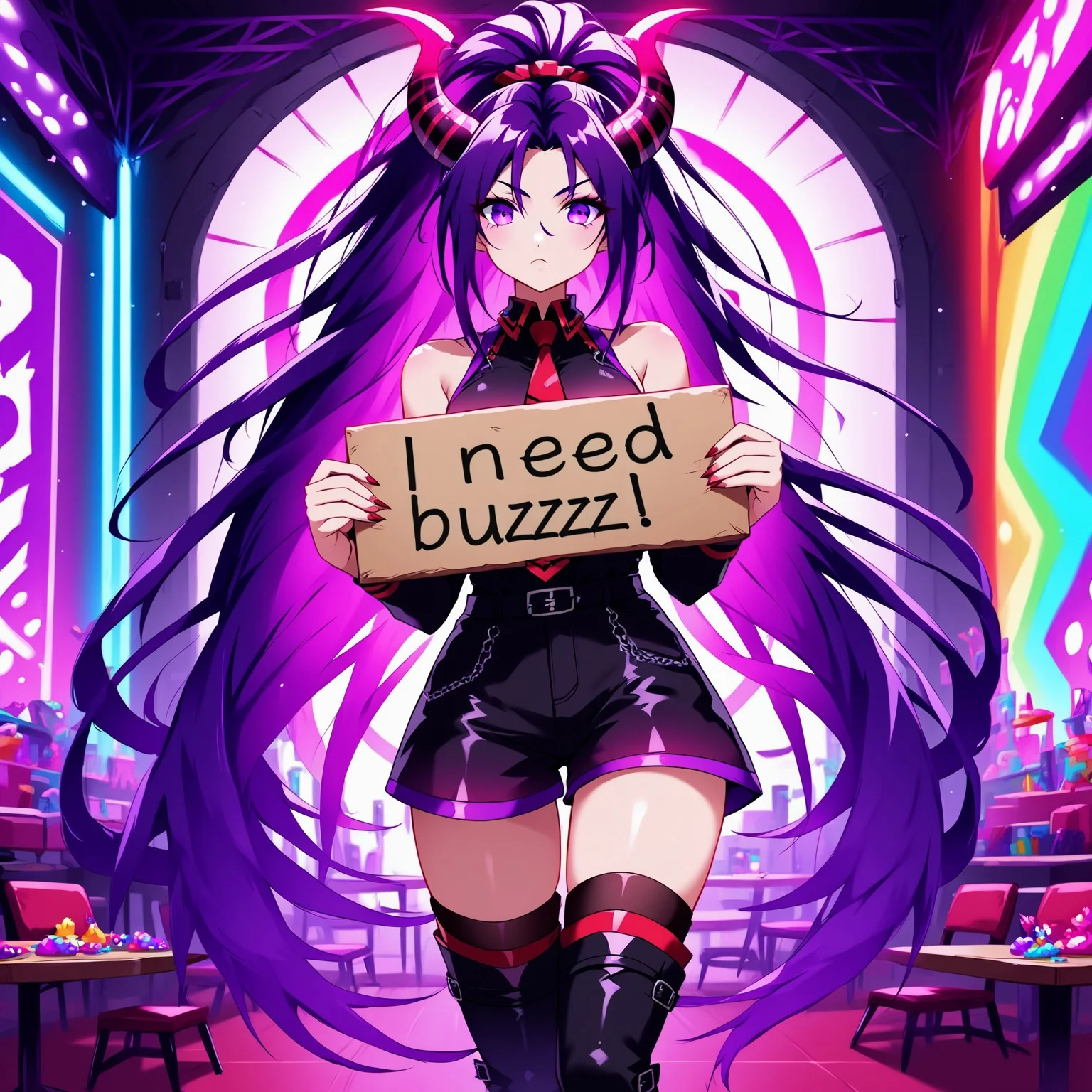 need_buzz, holding sign, demon girl, horn, absurdly long hair, rainbow neon hair,ponytail, hair ornament, dreadlocks, hair between eyes,parted bangs, purple eyes, red ruffled shirt,bare shoulders,sleeveless shirt,red color necktie,detached sleeves,black sleeves,fringe,black thighhighs,miniskirt,zettai ryouiki,thigh boots, background party room, lights, table drinks