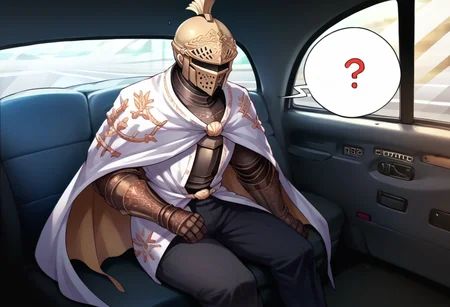score_9, score_8_up, score_7_up, source_anime, NeedleKnightLeda, full armor, helmet, cape, gauntlets, breastplate, Knight, black pants, <lora:NeedleKnightLeda_XLPD-000009:1>, <lora:FakeTaxiMeme_XLPD:0.8> fake taxi, car interior, sitting, ground vehicle, confused, spoken question mark, covered face,