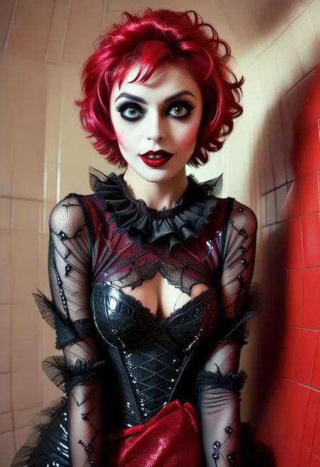 (best quality, masterpiece), horrorcctvlora, drawix9, dwx9, horrorcctvlora, Horror Picture Show style, A Groupie a woman in a red sequinned outfit, short pixie cut red hair, 1girl, solo, smile, mole, exposed nipples, mole under eye, makeup, lipstick, fishnets, red nails, bright pale eyes, fishnet pantyhose, realistic, red lips, pink tiled background