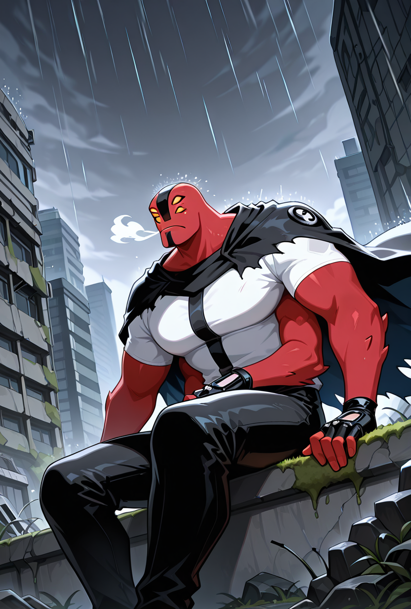 <lora:fourarms-05:1> fourarms, red skin, solo, male focus, yellow sclera, no pupils, 4 eyes, , fingerless gloves, , 4 arms , large pectorals, underbite, multiple arms, white shirt, survivor clothes, straps,, destroyed city, sitting, cloaked up, cloak, torn cloak, post apocalyptic city,  wind blowing, upper body, moss, dark day, raining, dark sky, gray sky, cloak covering body,, masterpiece, best quality, amazing quality, very aesthetic, absurdres, newest,