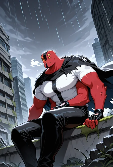 <lora:fourarms-05:1> fourarms, red skin, solo, male focus, yellow sclera, no pupils, 4 eyes, , fingerless gloves, , 4 arms , large pectorals, underbite, multiple arms, white shirt, survivor clothes, straps,, destroyed city, sitting, cloaked up, cloak, torn cloak, post apocalyptic city, wind blowing, upper body, moss, dark day, raining, dark sky, gray sky, cloak covering body,, masterpiece, best quality, amazing quality, very aesthetic, absurdres, newest,
