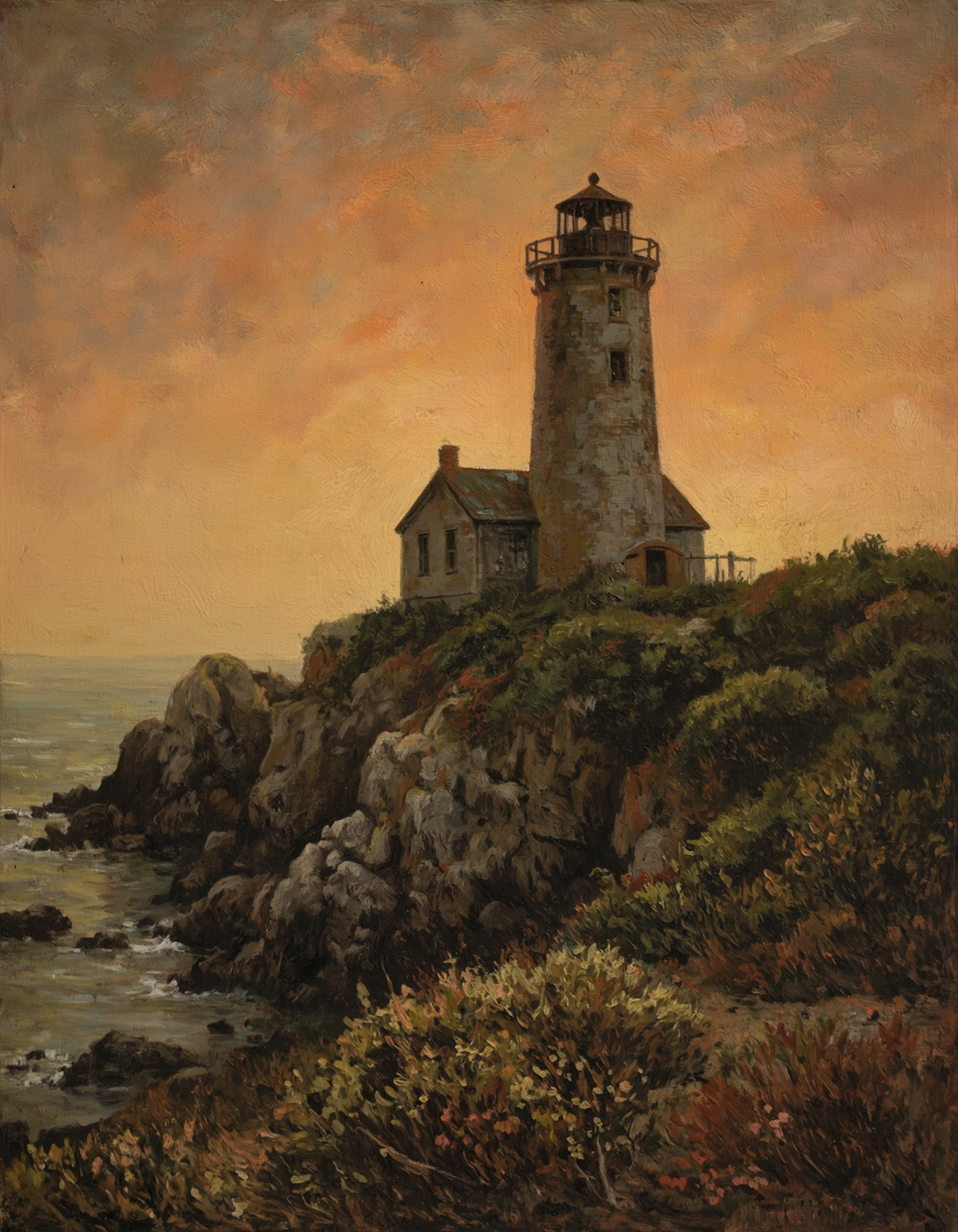 Dilapidated Lighthouse on a Rocky Coast at Sunset, oil on canvas, reminiscent of Edward Hopper's style, lighthouse, rocky coast, sunset, atmospheric perspective, warm colors, misty background, worn stone, rusty railings, overgrown vegetation, sense of abandonment, nostalgia, melancholy mood, cinematic feel, painterly brushstrokes.