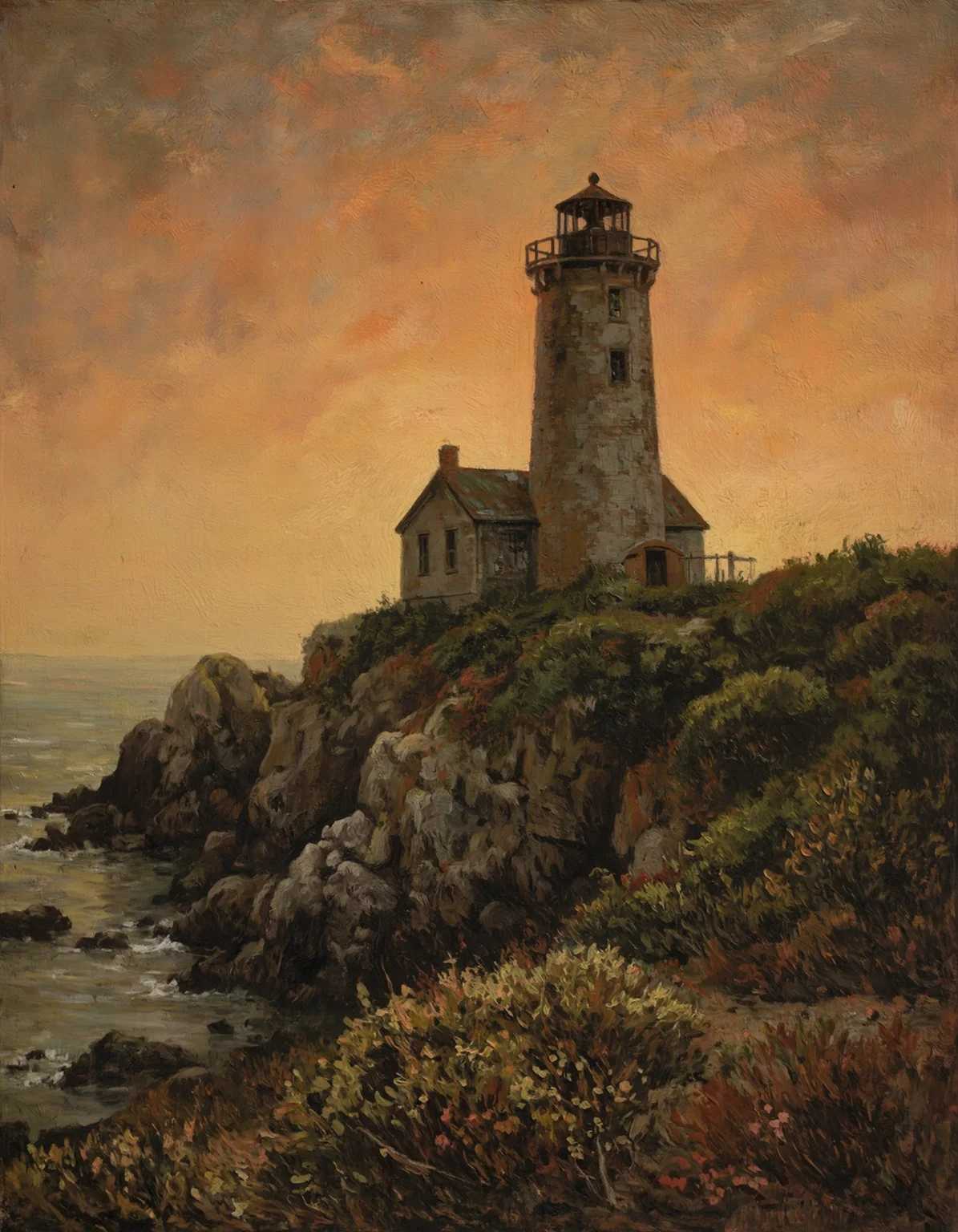 Dilapidated Lighthouse on a Rocky Coast at Sunset, oil on canvas, reminiscent of Edward Hopper's style, lighthouse, rocky coast, sunset, atmospheric perspective, warm colors, misty background, worn stone, rusty railings, overgrown vegetation, sense of abandonment, nostalgia, melancholy mood, cinematic feel, painterly brushstrokes.