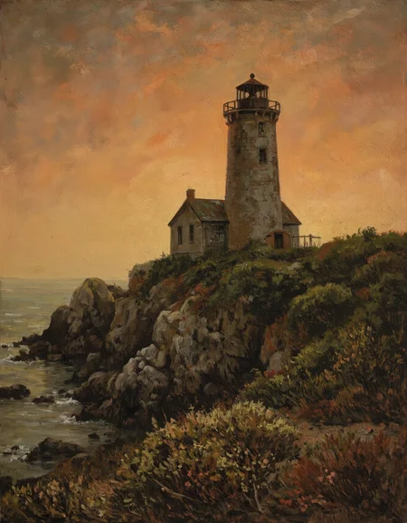 Dilapidated Lighthouse on a Rocky Coast at Sunset, oil on canvas, reminiscent of Edward Hopper's style, lighthouse, rocky coast, sunset, atmospheric perspective, warm colors, misty background, worn stone, rusty railings, overgrown vegetation, sense of abandonment, nostalgia, melancholy mood, cinematic feel, painterly brushstrokes.