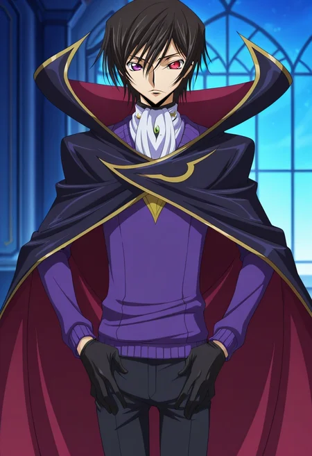 masterpiece, best quality, , anime screencap, , official style, , 1boy, solo, male focus, <lora:lelouch_lamperouge_ilxl:0.92>, lelouch_lamperouge, black hair, purple eyes, hair between eyes, bangs, short hair, heterochromia, red eyes, cape, ascot, gloves, , Dress pants, Polo sweater, , , and