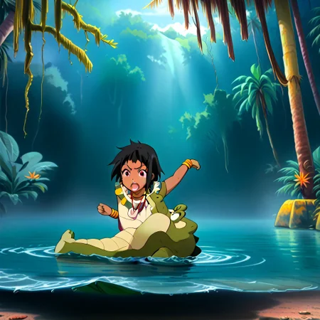 Tick tock crocodile,male animal focus,tail, crocodile open large mouth ,green skin, blue eyes, Tick Tock the crocodile is giant and very huge size,teeth, swimming in water,partially submerged,Tick Tock the crocodile looking us.
Choi_mochimazzi sitting on the crocodile head.
Base - choim, short hair, black hair, red eyes, dark-skinned female,purple eyes,
Base Outfit - dress, jewelry, dark skin, necklace, bracelet, wristband,open mouth,river,palm trees, jungle tropical, Disney,manga,anime