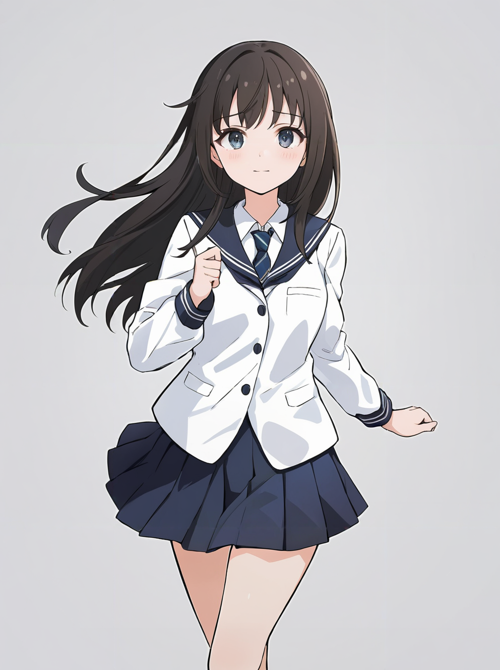 masterpiece,ultra-detailed,best quality,8K,illustration,cute face,clean skin ,shiny hair,girl,ultra-detailed-eyes,simple background, <lora:add-detail-xl:1> <lora:girl run_XL_V1.0:1> girl run, running,school uniform,thighs