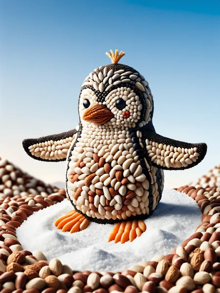 An adorable ais-nutz penguin sliding down a snowy hill made of ais-nutz, under a sky filled with ais-nutz. <lora:Nuts__Seeds_Style_SDXL:1>