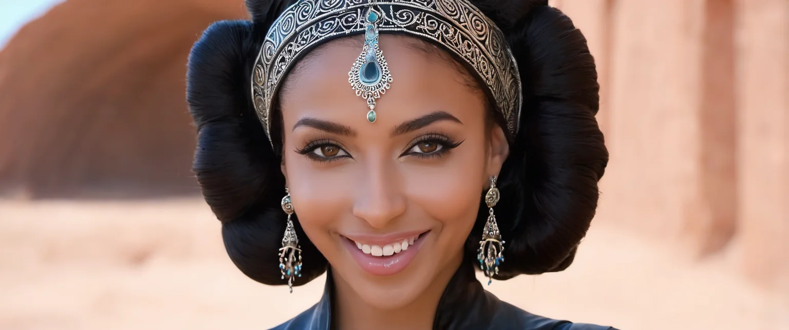 Woodland , Zoomed in, close shot, show upper body, leaning into the photo, Lovecraftian, Moorish arches, cyberpunk, labyrinths, very few clouds, clear sky, day,
a beauty queen from marocco, full lips,
((seductive smile:1.4)), ((smirking:1.1)), (cute:1.2),
photo raw, perfect face, perfecteyes eyes, perfect eyes, perfect hands, perfect feets,