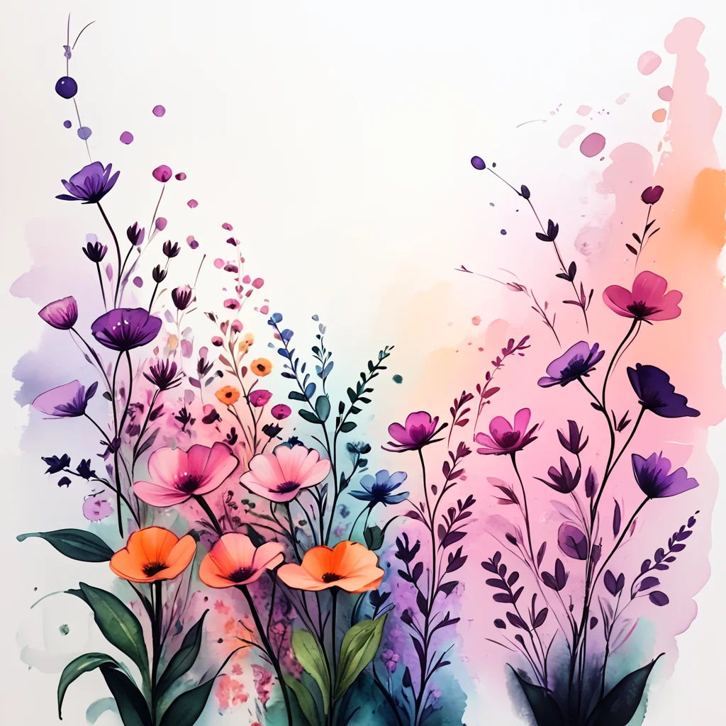 Score_9, score_8_up, score_7_up, score_6_up, BREAK <lora:Expressive_Watercolor_Ink_washPony:1> ArsMJStyle, Expressive Watercolor Ink Wash, The image is an abstract painting of a group of plants and flowers. The background is a light blue color with a gradient effect creating a soft and dreamy atmosphere. The plants are in various shades of purple pink and orange with some green leaves and stems. The flowers are scattered throughout the painting adding a pop of color to the otherwise monochromatic image. The colors are soft and muted with hints of pink orange and blue. The overall mood of the image is peaceful and serene., no humans, flower, purple flower, plant, scenery, blue flower, still life, white background, outdoors, gradient