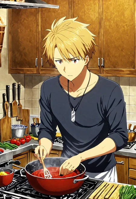 high resolution, solo, best quality, 1Boy, Yamato Ishida, Blond Hair, Necklace, cooking, kitchen, OverallDetail
