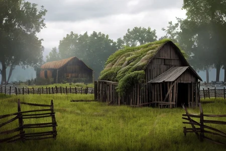RAW photo, (masterpiece:1.3), subsurface scattering, heavy shadow, (high quality:1.4), (intricate, high detail:1.2), professional photography, HDR, High Dynamic Range, realistic, ultra realistic, photorealistic, high resolution, film photography, ambient lighting, atmospheric effects, <lora:detail_slider_v4:2>, OverallDetail, cabin, fields, barn, fence, fantfa, <lora:FantasyFarm:1>
