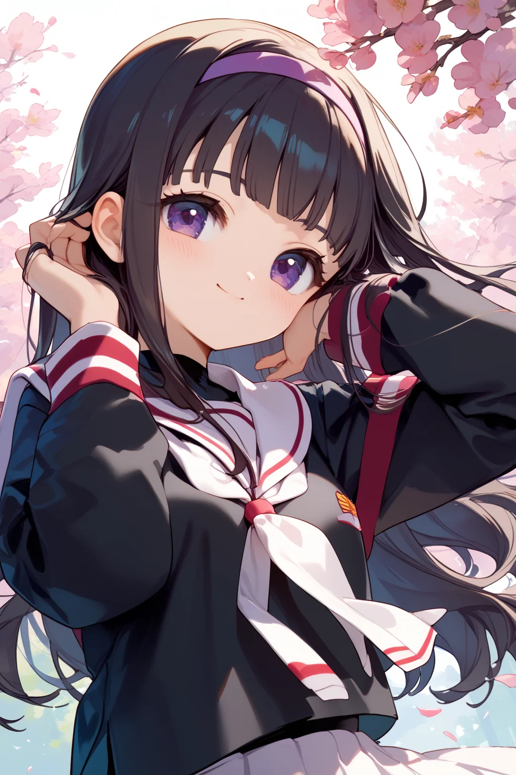 score_9, score_8_up, score_7_up, source_anime,
sakura tree,
cowboy shot,
light smile, blush, adjusting hair, 
<lora:tomoyo_autismConfetti_v01:1>
black hair, blunt bangs, long hair, purple eyes,  hairband,
tomoeda elementary school uniform,  black shirt, sailor collar, school uniform,  white sailor collar, long sleeves, white pleated skirt,, zPDXL