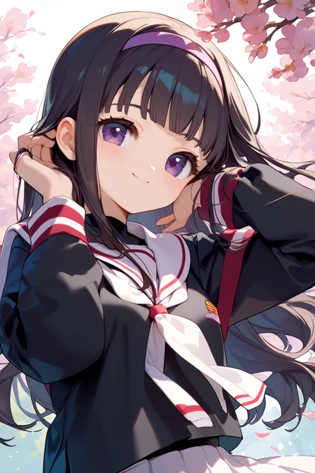 score_9, score_8_up, score_7_up, source_anime,
sakura tree,
cowboy shot,
light smile, blush, adjusting hair,
<lora:tomoyo_autismConfetti_v01:1>
black hair, blunt bangs, long hair, purple eyes, hairband,
tomoeda elementary school uniform, black shirt, sailor collar, school uniform, white sailor collar, long sleeves, white pleated skirt,, zPDXL