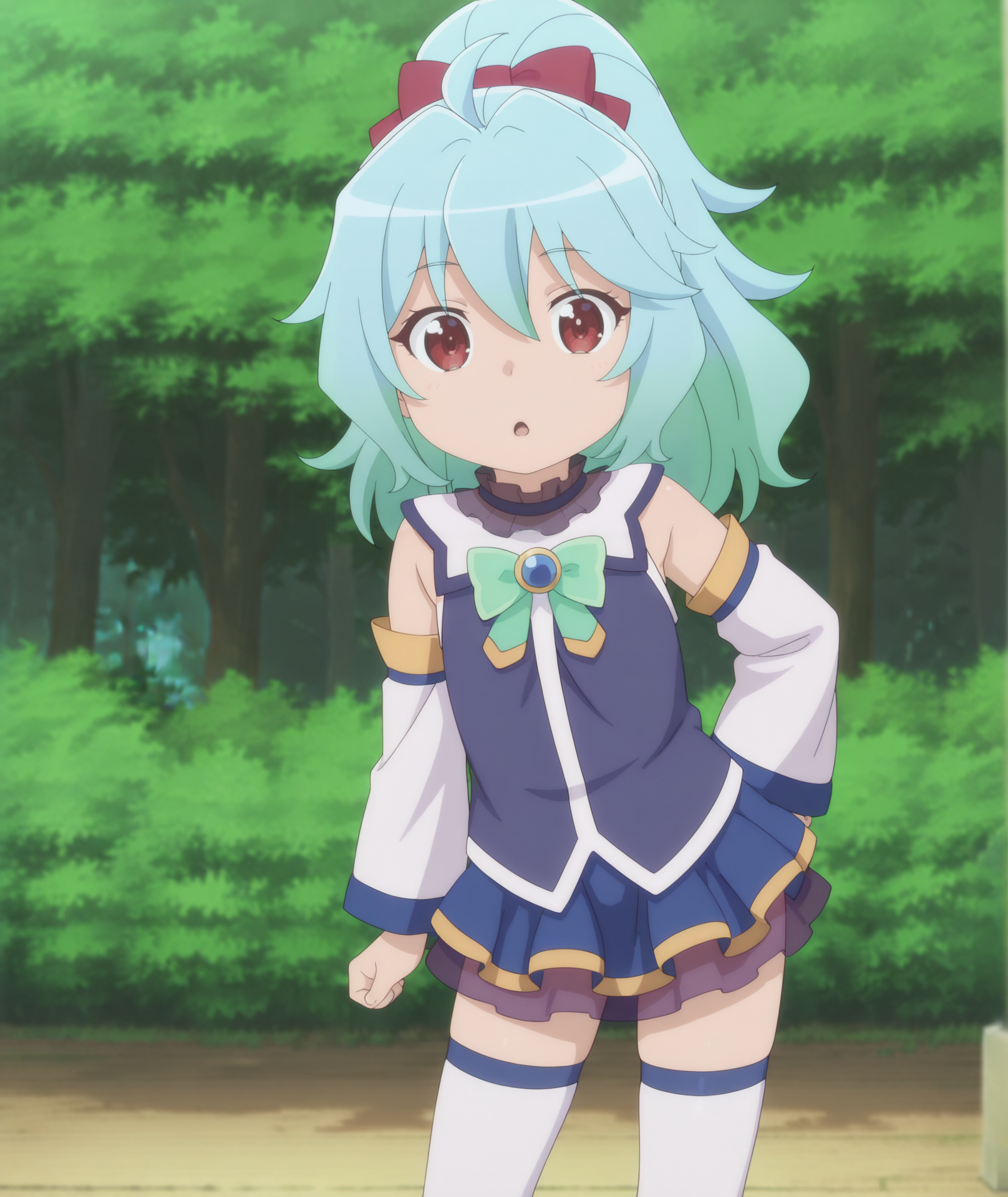 official art, absurdres, highres, anime coloring, hi res, best quality, masterpiece, 2d, intricate details, 4k, shadow,
1girl, solo, female, chibi, aged down, long hair, ponytail, ahoge, green hair, red eyes, 
bow, hair bow, hair ribbon, ribbon,
skirt, thighhighs, bow, bare shoulders, detached sleeves, white sleeves, white thighhighs, zettai ryouiki, cosplay, alternate costume, aqua \(konosuba\) \(cosplay\), 
contrapposto, looking at viewer,
depth of field, blurry background, blurry, forest, <lora:Komoe_(Character)_ILXL:1>