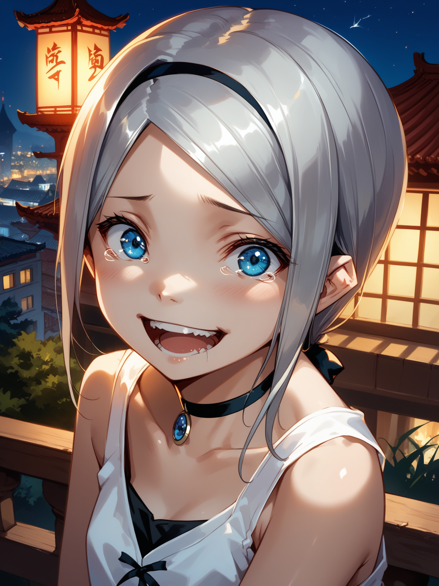 (cowboy shot, solo focus:1.2) <lora:happy_tentacle-leia-v0.1-000033:1>, ht_leia, silver hair, blue eyes, pendant choker, (fangs:0.5), (petite:1.2), <lora:Shed_The_Skin's StS_age_slider_v1_initial_release:-1.2> ( :1.1) ( , , (scared :1.2) , smile , :1.2) , outdoors, vegetation, ( :1.1), summer , (night, night sky :0.6), (blue sky:0.6) , (:0.5), , (chinese architecture :0.9), balcony, skyline, ( :0.8) score_9, score_8_up, score_7_up, score_6_up, score_5_up, score_4_up, ( [(realistic, photorealistic:1.3):(realistic:1.2):16] [(3d:1.2)::14] :1) <lora:LUUNA's Lunas-NijiJourney-SDXL-B2:0.35>, nijijourney <lora:prgfrg23's Counterfeit-V3.0 Style SDXL_LoRA_Pony Diffusion V6 XL:0.5> <lora:mfcg's mfcgXL:0.12> <lora:reweik's gyokai(himehajime)_PonyXL_style_v01:0.14>