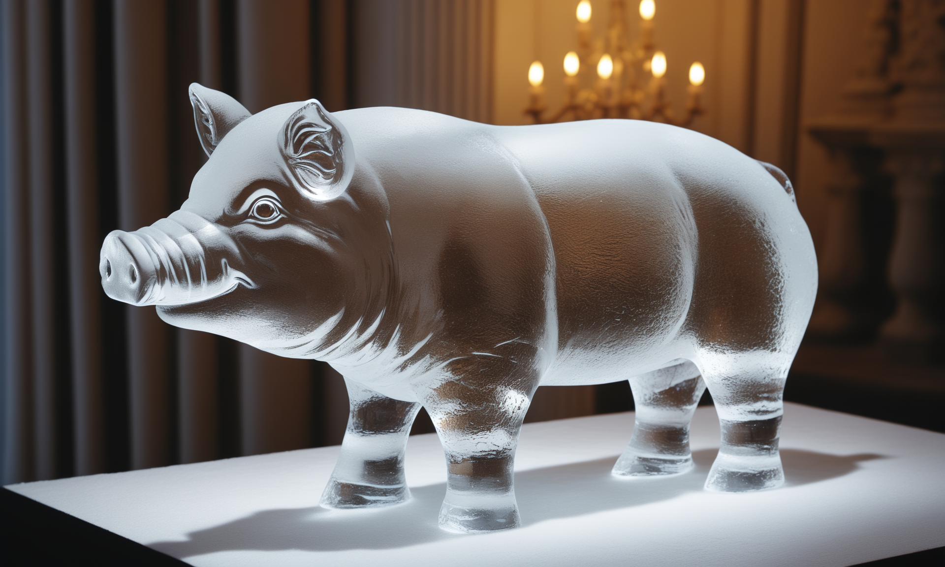 <lora:icecarvingcd_xl-000013:0.8>,close-up,a boar sculpture made of (icecarvingcd_xl,transparent:1.2,see-through:1.2,air bubble,cracked:1.3,broken:1.3,melting ice:1.3) on table,chilled,indoors,living room,simple background,no humans,fine art,detailed,hi-res photo, emotional,harmonious,high budget,moody,epic,gorgeous,perfect lighting,realistic,photorealistic,photographic,photo (medium),real,moody lighting,volumetric lighting,reality ray tracing,8K,HDR,UHD,masterpiece,best quality,highly detailed,high resolution,finely detail,extremely detailed,ultra detailed,wallpaper
