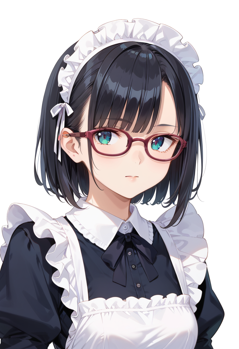 score_9, score_8_up, score_7_up, rating_safe, masterpiece, best quality, absurdres, unity 8k wallpaper, official art, official style, source_anime, uncensored, game cg, megami magazine,
1girl, solo, black hair, medium hair, upper body, covered eyes,maid, maid headdress, black dress, maid apron, face focus,
oval_cell, glasses, still life, white background, simple background, red-framed eyewear,
 <lora:glasses_OvalCell2_PONY_V1:1>