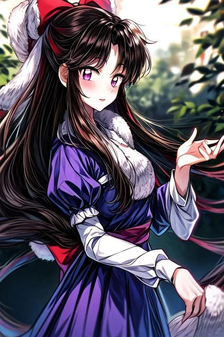 masterpiece, best quality 1girl Setsun4 solo long hair, (night time) forest background black hair very long hair purple eyes multicolored hair armor (fur trim) (medium body),<lora:EMS-179-EMS:0.800000>,<lora:EMS-293862-EMS:0.800000> bow, hair_bow, hair_tubes, red_bow, brown_hair, long_hair, bangs, sidelocks, ascot, brown_eyes, frilled_bow, yellow_ascot, blush, smile, hair_between_eyes, athletic