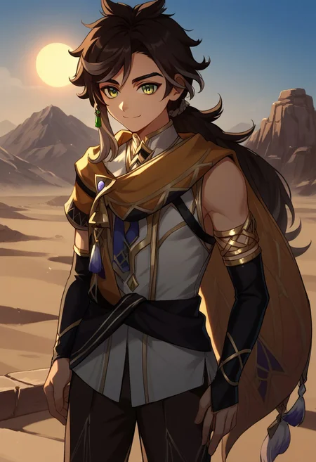 score_9, score_8_up, score_7_up, source_anime, highly detailed,
sethos, 1boy, male focus, solo, dark skin, dark-skinned male, multicolored hair, two-tones hair, streaked hair, brown hair, black hair, long hair, green eyes, shirt, white shirt, sleeveless, cape, orange cape, sash, pants, brown pants, elbow gloves, black gloves, finglerless gloves, jewelry, armlet, earrings, single earring, scarf, cape, tassel,smile, closed mouth
outdoor, desert, sun, dunes,