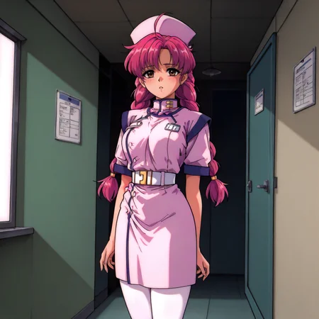 <lora:NBnH_RieMakinoXLIllustrious003>,
masterpiece,best quality,good quality,newest,
detailed background,
parted lips,
looking at viewer,
solo,
RieMakino,1girl,pink hair,ahoge,twin braids,long hair,brown eyes,
nurse_cap,nurse,
white belt,
skirt,
white_pantyhose,
standing,