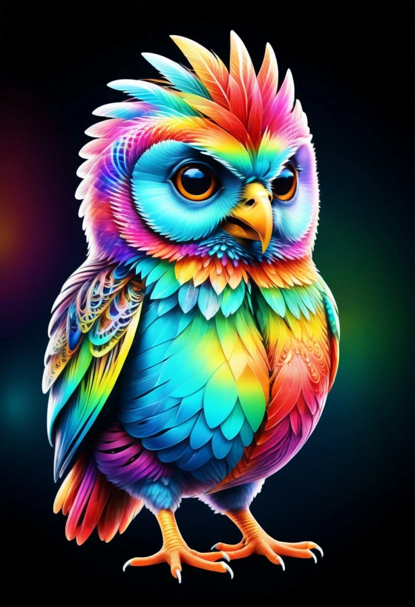 a cute chibby chicken mixed with a owl with big rainbow eyes made out of rainbow fractangles, it wears a cool rainbow bandana, very detailed, 4k, sharp