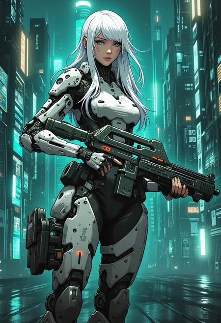 mad-cbrpnksplshrt full of details but with faded outlines, white braded hair cyborg girl soldier in combat armor with one robotic arm and one robotic leg holding a pulse rifle with glowing energy panels, and in the background new york city disintegrating into the matrix behind, best quality, sharp image,
