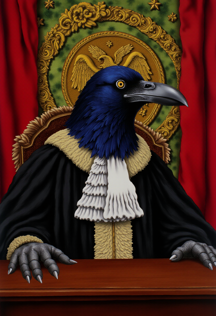 <lora:kft-montys-submarine-style:0.9>
The image is a vibrant, highly detailed kftcc style digital artwork featuring     A crow as a judge presiding over a courtroom.