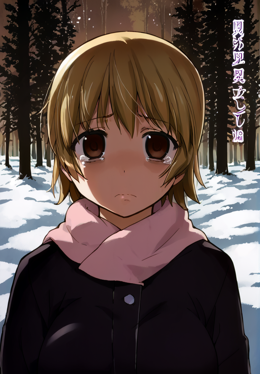 score_9, score_8_up, score_7_up, source_anime, 
,blond hair, , 1girl, brown eyes, nonopnxl, short hair, looking at viewer , over shoulder , face focus  , large breast, sad , empty eyes, tear, scaered ,
snow, forest ,  <lora:DetailedEyes_V3:1> <lora:tweak-detail-xl:1>  <lora:easynegative:1> <lora:H001PXL:1> color manga  , <lora:Nonocl_Nonomiya_Nononono-000007:1>