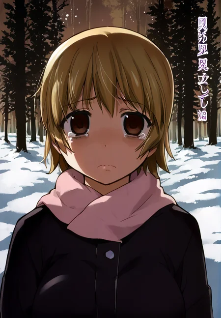score_9, score_8_up, score_7_up, source_anime, 
,blond hair, , 1girl, brown eyes, nonopnxl, short hair, looking at viewer , over shoulder , face focus  , large breast, sad , empty eyes, tear, scaered ,
snow, forest ,  <lora:DetailedEyes_V3:1> <lora:tweak-detail-xl:1>  <lora:easynegative:1> <lora:H001PXL:1> color manga  , <lora:Nonocl_Nonomiya_Nononono-000007:1>
