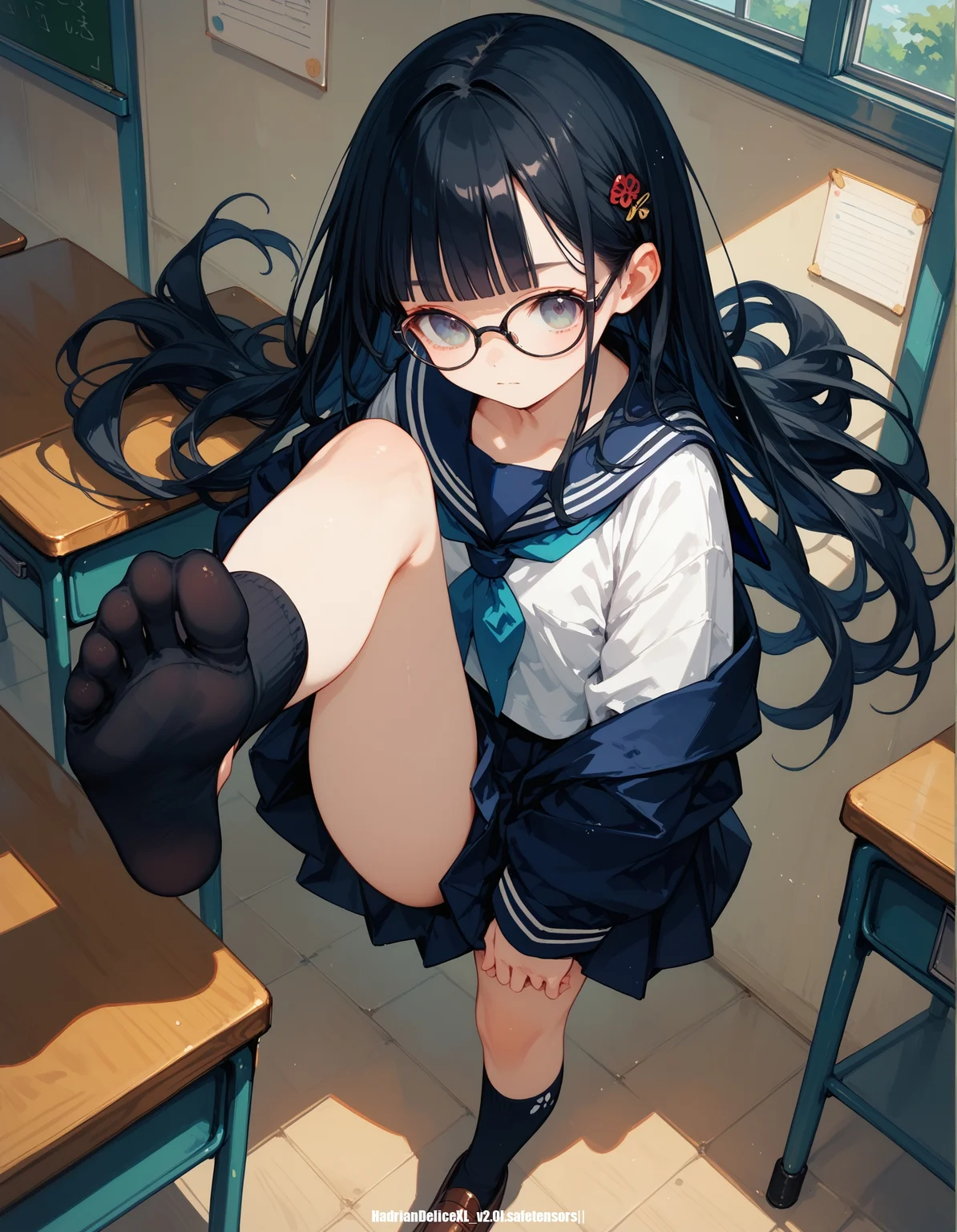 (score_9,score_8_up,score_7_up), ,, (hadrian,standing and show foot,standing and show sole,from above,foot focus,fisheye,standing on one leg,sole),serafuku,black hair,long hair,blunt bangs,hairpin,holding leg,classroom,black socks,glasses