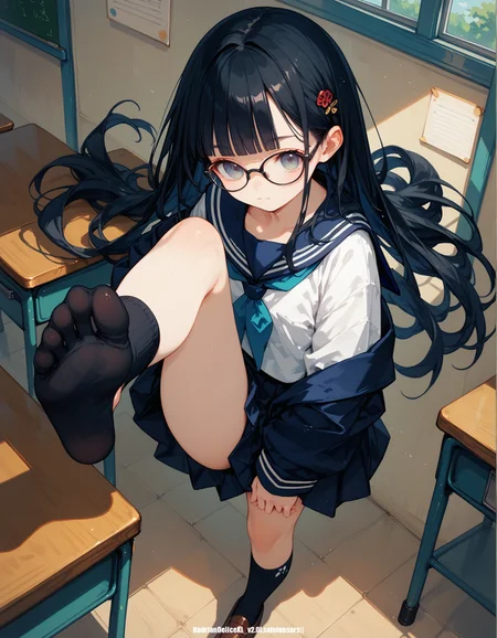 (score_9,score_8_up,score_7_up), ,, (hadrian,standing and show foot,standing and show sole,from above,foot focus,fisheye,standing on one leg,sole),serafuku,black hair,long hair,blunt bangs,hairpin,holding leg,classroom,black socks,glasses