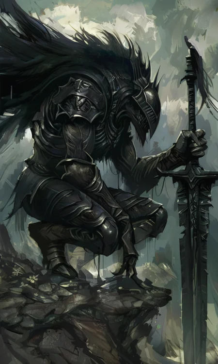 A dark atmospheric digital painting of a fearsome armored creature holding a large curved and serrated sword with a flowing dar cape crouching menacingly in a shadowy stormy landscape. <lora:- NAI - PdJ_highres_counterweight_V.2.0-step00021000:0.7> <lora:- NAI - ac_illustration_V1.0-step00011000:.6>