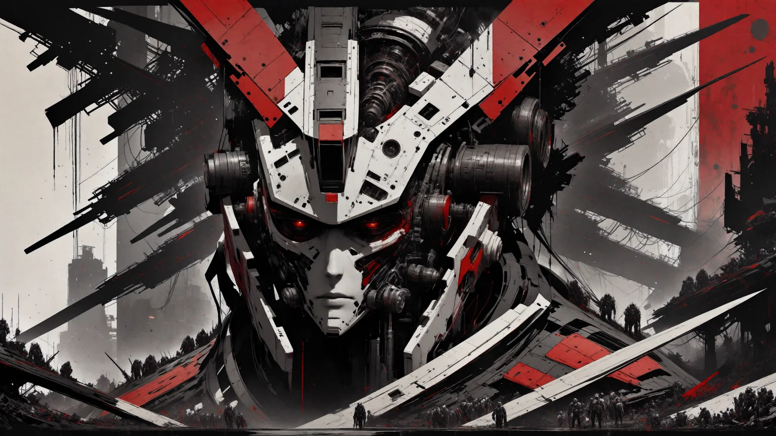 rsmls,mecha,science fiction,masterpiece,messy,surreal,abstract,high contrast,awardwinning,8k,trending on artstation and deviantart <lora:RussMillsXL:1>,wallpaper,style of russ mills