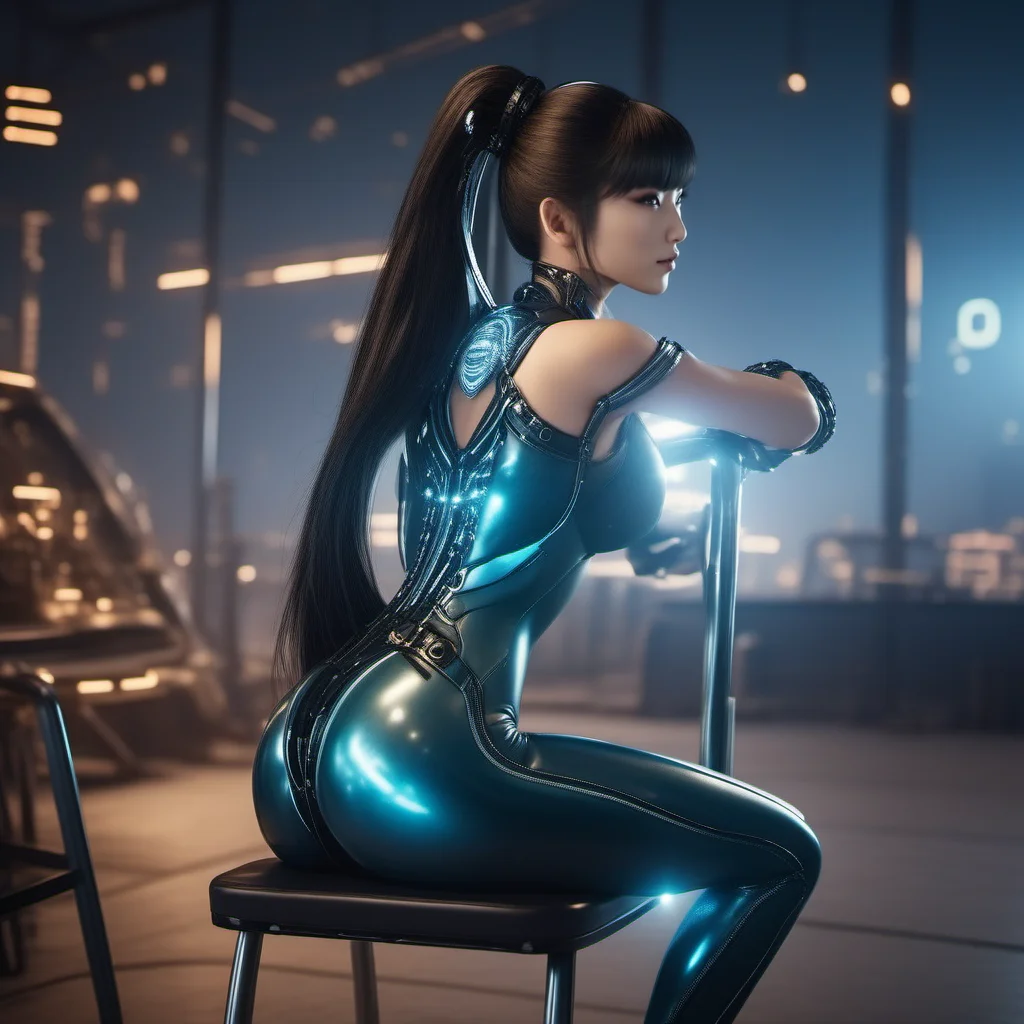 cinematic photo a ((full body)) asian busty woman with cleavage and long ponytail in a futuristic bodysuit, reverse sitting on a chair, futuristic outdoor <lora:Eve-StellarBlade1024:0.8> . 35mm photograph, film, bokeh, professional, 4k, highly detailed