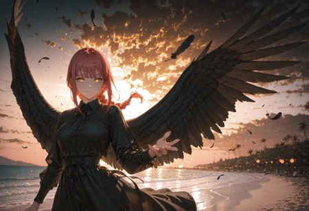 ((front view,standing,smile,hand reaching to viewer:1.5))

((1 girl,Makima, ringed eyes,  red hair, braided ponytail, bangs, yellow eyes, sidelocks, medium hair, long hair,glowing eyes,))

(black dress,:1.5),((large black wings:1.5)),((floating feathers))

(Beach:1.5),(sunset,orange sky,golden hue:1.5)

((negative space:1.1)),((dynamic angle:1.5)),((foreshortening:1.5)),((extreme perspective:1.4)),(dynamic pose:1.5)),(bokeh around character:1.2)

artist:moriimee,Smooth_Quality,amazing quality, ((aesthetic:1.3)),((4k,8k,Ultra HD)),((Masterpiece :1.2)),((Best quality :1.2)),((Detailed :1.5)),((Detailed background :1.5))