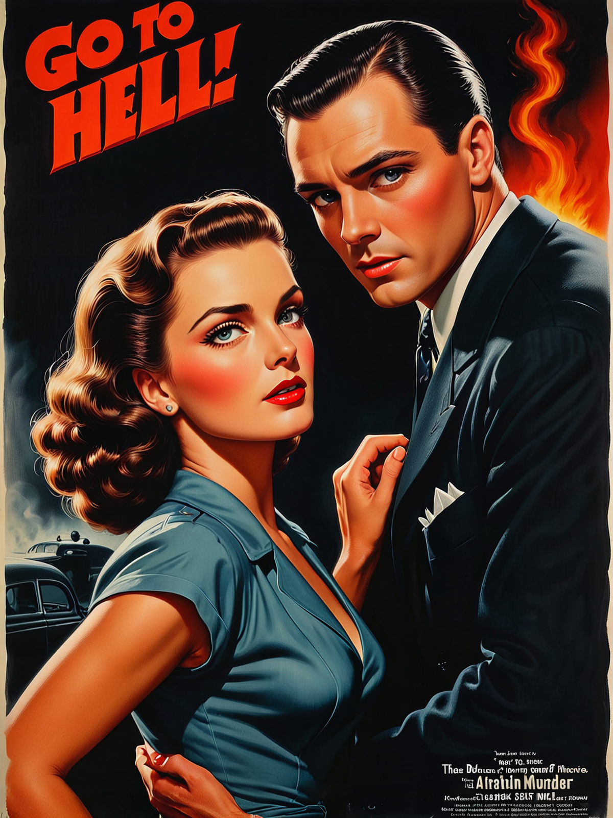 1940s poster art, airbrush painting.

"Go to Hell".

A dramatic movie poster, Film Noir, arched back, the threat of murder.

<lora:PinupGirl01e_CE_XL_300-OT:0.4> pnpgrlCE_style