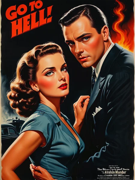 1940s poster art, airbrush painting.

"Go to Hell".

A dramatic movie poster, Film Noir, arched back, the threat of murder.

<lora:PinupGirl01e_CE_XL_300-OT:0.4> pnpgrlCE_style
