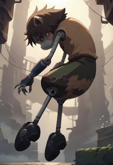 score_9, score_8_up, score_7_up, (best quality:1.1), ultra-detailed, high resolution, 8K, ((tall, 6ft tall, no mouth, long legs)), long legs, Metal Raccoon, robot, brown beige metal skin, black sclera, red pupils, pointy metal nose, gray claws, green core, black shoes, fist, battle stance, arms at sides, floating, factory, raccoon tail, BREAK outside, Rich, Detailed background, ambient light