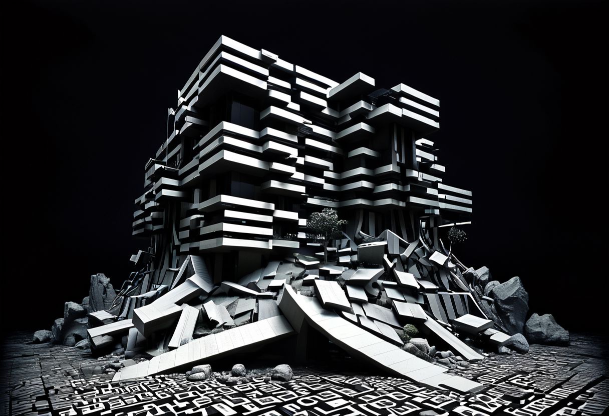 modern impossible architecture, stripe, line, doodle, erratic, melting, chaotic, glitchy, calligraphy, negative, excessivism, complex, escher, hyperdetailled, contemporary art, work on perspectives, Architecture photography, dark, low-key, chiaroscuro