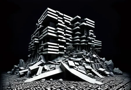 modern impossible architecture, stripe, line, doodle, erratic, melting, chaotic, glitchy, calligraphy, negative, excessivism, complex, escher, hyperdetailled, contemporary art, work on perspectives, Architecture photography, dark, low-key, chiaroscuro