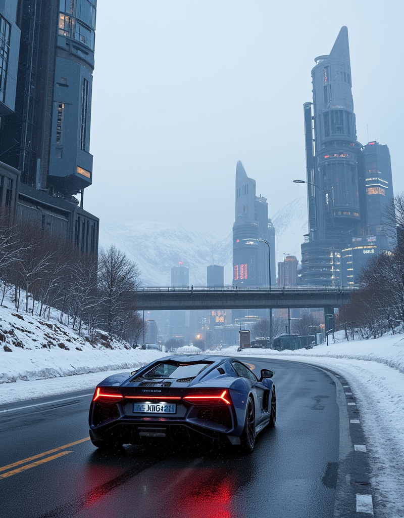 <lora:Space_Worlds_01__Poetic_fluxbeta4:1> sw01p_flux. photo in winter with a snowy landsape, a cyberpunk design sport car is on a wet highway that pass in the middle of a cyberpunk city with detailed dark buildings with markings on them. In the far distance there are snowy mountains.